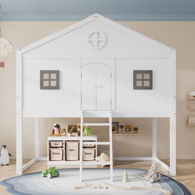 Gutent Kinderbed -Met trap -Met reling -Twee grijze ramen -Vrij ontwerp van de onderkant van het bed (zonder beslag onder het bed) -Pine + MDF -Wit + Grijs -90x200 cm -Geen matras