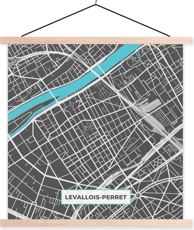 Posterhanger incl. Poster 40x40 cm - Schoolplaat - Levaillois-Perret - Frankrijk - Plattegrond - Kaart - Stadskaart - Textielposter - Blanke latten - Stadskaart