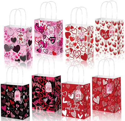 Dailygoody - Valentijnsdag Gift Zakken - Goodie Bags voor Kinderen - Romantische Hartjes - 12 Stuks - Papier Traktatie Zakken - Perfect voor Fees