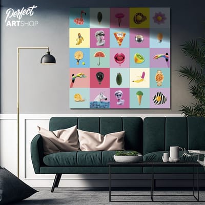 ABSURD ART: 80x80cm Plexiglas. Decoratie - Modern - Blauw - Surrealistisch - Grappig - Dieren - Voedsel