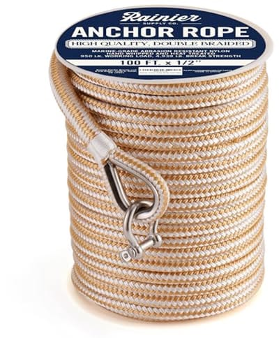 Dubbel Gevlochten Nylon Ankerlijn - 100ft x 1/2" - Marine Grade Boot Touw met Roestvrijstalen Vingerhoed en Snap Hook - Wit/Goud