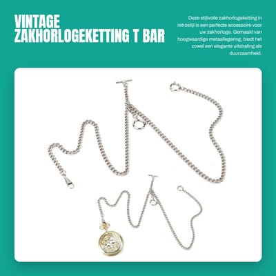 Dailygoods- Zakhorlogeketting Vintage - T Bar Horlogeketting - Antieke Schakelketting - Metaallegering - 44 cm - Goede Glans