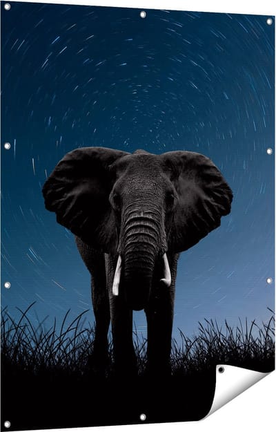 Gards Tuinposter Olifant Omringd met Sterren - 90x120 cm - Tuindoek - Tuindecoratie - Wanddecoratie buiten - Tuinschilderij