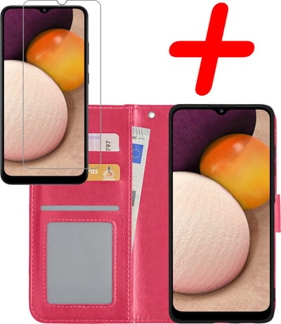 Hoesje Met Screenprotector - Geschikt voor Samsung Galaxy A02s - Luxe Pasjeshouder - Bookcase Portemonee - Flip Case - Kunstleer Book Case - Flipcase - Book Cover - Walletcase - Portemonneehoes - Donkerroze
