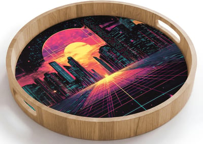 Dienblad rond 40x40 cm - Schootdienblad hout - Stad - Gebouwen - Zon - Geel - Borrelplank rechthoek - Plateau houten dienbladen