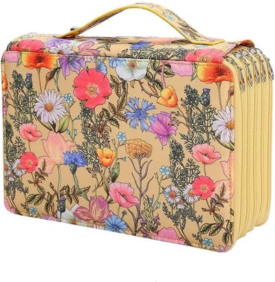 KZQ 5-Laags Potloodetui met Rits en Handvat – Opbergtas met Veel Vakjes voor Kunstenaars, Tekenen, Schilderen en Reizen – Geel, 28x20x9 cm