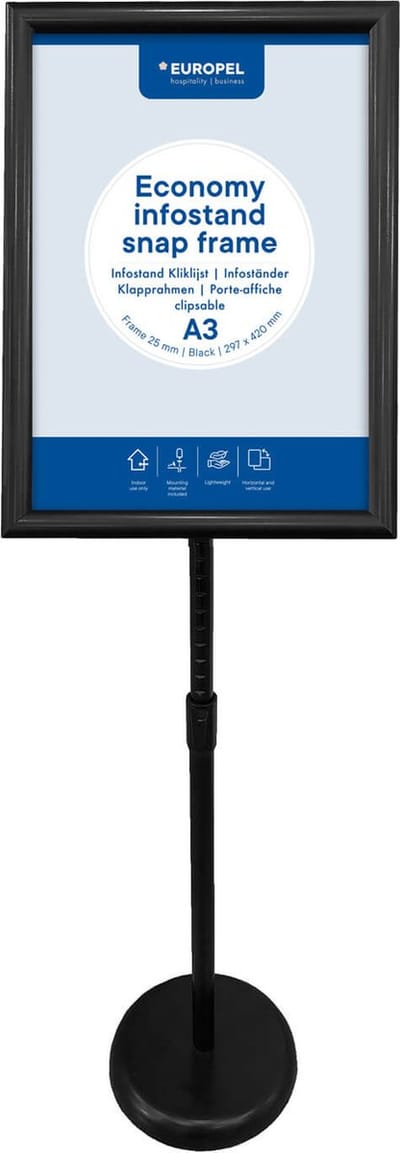 Europel Economy infostand kliklijst – Zwart – A3 (29,7 x 42 cm) – Frame 25mm – Verstelbare hoogte – Draaibare kliklijst – Ideaal voor Beurzen