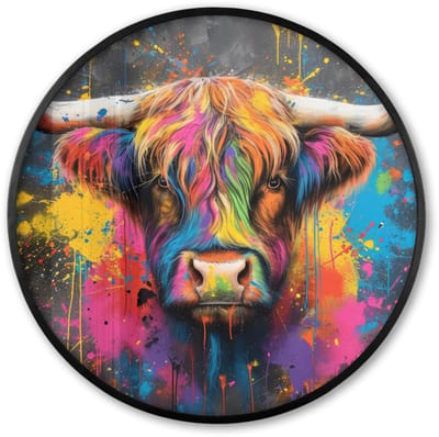 Poster in lijst Rond - Fotolijst 60x60 cm - Posters - Graffiti - Schotse hooglander - Koe - Kleurrijk - Ronde posterlijst zwart - Decoratie - Wanddecoratie woonkamer - Muurdecoratie slaapkamer