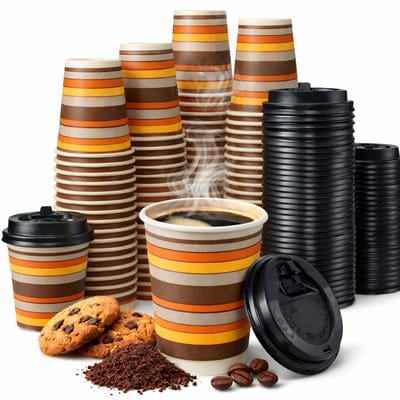 100 x Koffiebeker 240cc 8oz Ø80mm karton gestreept + zwarte deksels / Drinkbekers, Karton "To Go" 0,2 l Ø 8 cm · 9,2 cm/ wegwerp papieren bekers karton – drank bekers – drinkbekers- koffie beker – Koffiekopjes - Warme en Koude Dranken