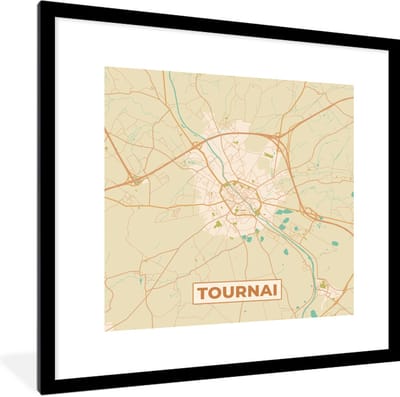 Fotolijst incl. Poster - Retro - Tournai - Plattegrond - Stadskaart - Kaart - 40x40 cm - Posterlijst