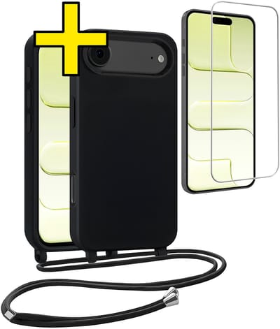 Hoesje Geschikt voor iPhone Air Hoesje Met Koord Met Screenprotector Siliconen Case - Hoes Geschikt voor iPhone Air Backcover Met Afneembaar Koord - Zwart