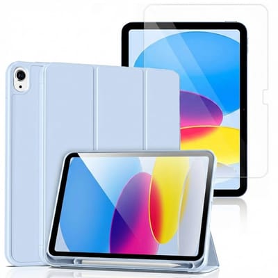Casemania Hoes en Glas Geschikt voor Apple iPad 2025 (A16) & 2022 10e Gen - Licht Blauw - Smart Cover met Pencil Houder Uitsparing & Glazen Screenprotector