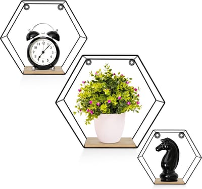 Famanu - set van 3 zeshoekige wandplanken zwart metaal | Zwevende planken met bijpassende zwarte schroeven | Decoratieve hangplank voor slaapkamer, woonkamer, kantoor incl. bevestigingsmateriaal