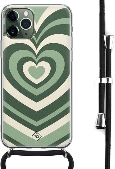 Casimoda® hoesje met koord - Geschikt voor iPhone 11 Pro - Hart Groen Swirl - Afneembaar koord - Siliconen/TPU - Groen