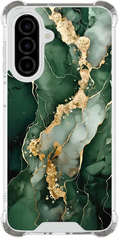 Shockproof hoesje - Geschikt voor Samsung Galaxy A26 - Marmer groen goud - Extra sterke case - TPU/polycarbonaat - Marmer - Groen, Goud, Transparant