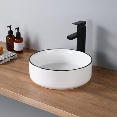 Ronde Opzetwastafel - Keramiek Waskom - Badkamer Inrichting - Matzwarte Rand - 36 x 36 x 12 cm - Wit