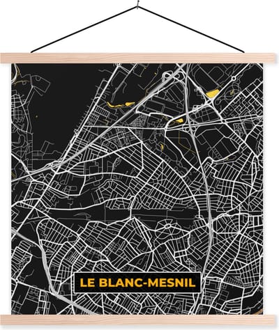 Posterhanger incl. Poster 40x40 cm - Schoolplaat - Le blanc-Mesnil – Plattegrond – Frankrijk – Kaart – Stadskaart - Textielposter - Blanke latten - Stadskaart