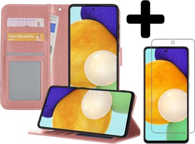 Hoesje - Met Screenprotector - Geschikt voor Samsung Galaxy A52 5G - Luxe Pasjeshouder - Bookcase Portemonee - Flip Case - Kunstleer Book Case - Flipcase - Book Cover - Walletcase - Portemonneehoes - Telefoonhoesjes - Rosé goud