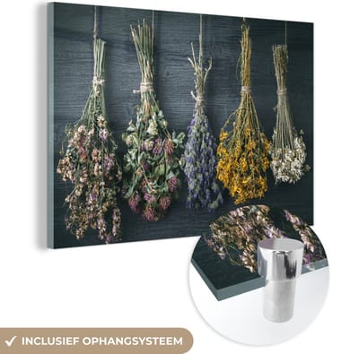 MuchoWow® Glasschilderij 120x80 cm - Schilderij acrylglas - Droogbloemen - Bloemen - Boeket - Stilleven - Touw - Bundel - Foto op glas - Muurdecoratie woonkamer - Wanddecoratie slaapkamer - Schilderijen