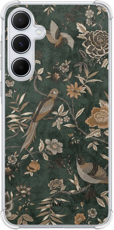 Shockproof hoesje geschikt voor Samsung Galaxy A55 - Khaki golden flowers - Schokbestendig - Verhoogde randen - TPU case - Extra Sterke Back Cover - Bloemen - Transparant, Groen