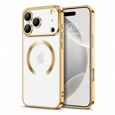Compatible iPhone 17 Pro Hoesje Goud – TG TECHGRIP – MagSafe Compatible Case – Transparant met Gouden Rand – Ingebouwde Camera Glas Protector – 360° Bescherming – Anti-Fingerprint – Luxe Design