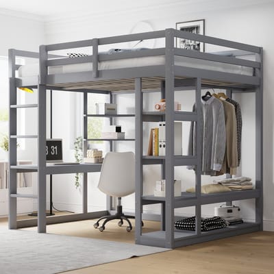 Wishdor – Hoogslaper 140x200 cm – Inclusief Bureau & Opbergrekken – Met Ladder & Kledingroede – Complete Studie- en Slaapplek – Massief Hout – Grijs