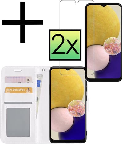 Hoesje - Met 2x Screenprotector - Geschikt voor Samsung Galaxy A13 5G - Luxe Pasjeshouder - Bookcase Portemonee - Flip Case - Kunstleer Book Case - Flipcase Hoes - Book Cover - Walletcase - Portemonneehoes - Wit