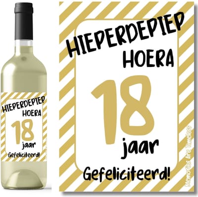 Wijnetiket 18 Jaar – Hieperdepiep Hoera – Verjaardag Etiket -strepen (10,5 x 14,8 cm)