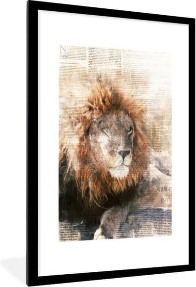 Fotolijst incl. Poster - Leeuw - Rook - Krant - 80x120 cm - Posterlijst