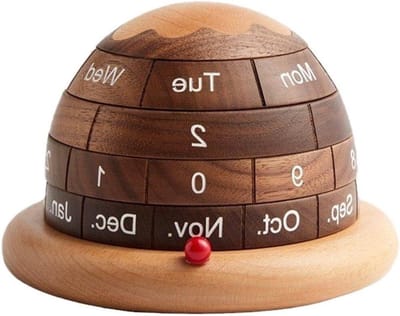 Houten Bureau Kalender - Planeet Kalender - Decoratief Gebruik - Roterend Halfrond Ontwerp - 125 x 9 cm - Natuurlijk Hout