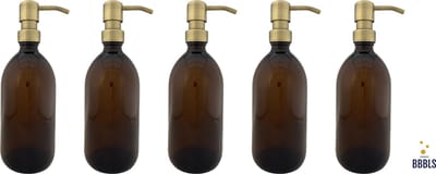 BBBLS® Design Dispenser 5 stuks Giftset "Blanco" | Bruin Kunststof | 500ml | RVS / Metaal Pomp Goud| Zeeppomp | Zeepdispenser | Zeephouder