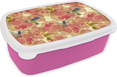 Broodtrommel Roze - Lunchbox - Brooddoos - Vogel - Bloemen - Patronen - Kolibrie - 18x12x6 cm - Kinderen - Meisje