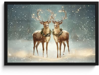 Poster in lijst - Fotolijst 60x40 cm - Posters - Kerstmagie - Winterwoud - Rendier - Posterlijst zwart - Decoratie - Wanddecoratie woonkamer - Muurdecoratie slaapkamer - Kerstversiering - Kerstdecoratie voor binnen - Kerstmis
