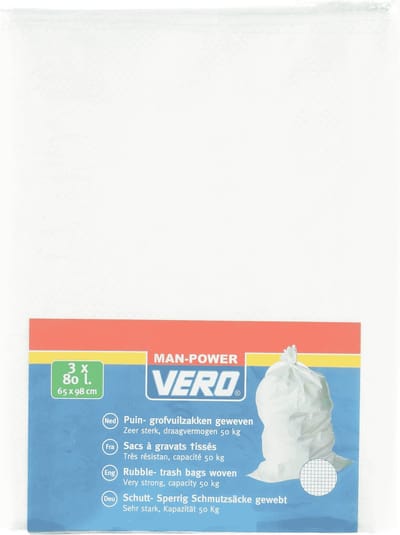 Vero Grofvuil Afvalzakken - 3x - 80 liter - 65 x 98 cm - geweven - extra stevig - wit - Tuin/bouw afvalzakken