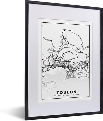 Fotolijst incl. Poster Zwart Wit- Stadskaart - Frankrijk - Toulon - Kaart - Plattegrond - Zwart wit - 30x40 cm - Posterlijst