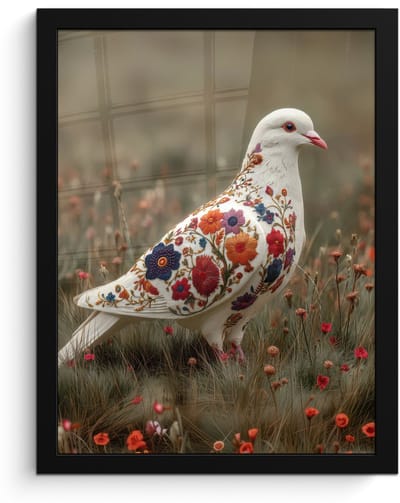 Poster in lijst - Fotolijst 30x40 cm - Posters - Duif - Bloemen - Natuur - Posterlijst zwart - Decoratie - Wanddecoratie woonkamer - Muurdecoratie slaapkamer