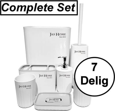 Badkamerset 7 Delig - Toiletaccessoires Set - Toiletborstel met houder - Tandborstelhouder - Zeeppompje - Bekers - Wit