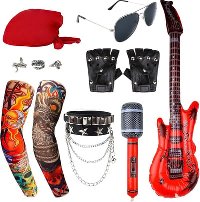Punk Gothic Rocker Kostuum Accessoires Set voor Mannen, Vrouwen en Kinderen met Ringen, Bril, Handschoenen en Tattoos, Perfect voor Feestjes en Festivals