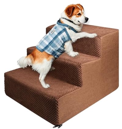 Huisdierentrap voor kleine honden en katten, afneembaar, wasbaar, hondentrap, kattentrap van spons met ritssluiting, pluche hoes, draagbare huisdiertrap voor oude honden (3 treden, bruin)