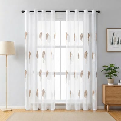 Qelus 2 Stuks Luxe Geborduurde Vitrage - 140x145 cm - Transparant Boommotief - Kant en Klaar Gordijn met Ringen Bruin - Sfeervolle Raamdecoratie voor Woonkamer & Slaapkamer