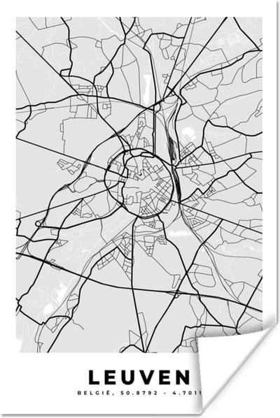 Poster Zwart Wit – België – Plattegrond – Stadskaart – Kaart – Leuven - 120x180 cm XXL