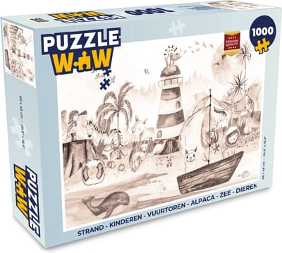 Puzzel Strand - Kinderen - Vuurtoren - Alpaca - Zee - Dieren - Legpuzzel - Puzzel 1000 stukjes volwassenen