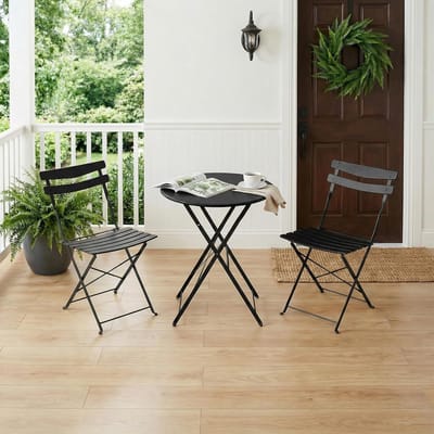 Opvouwbare 3-delige metalen bistroset – Ruimtebesparende tuintafel en 2 stoelen – Stevig, geen montage nodig – Draagbaar tuinmeubilair voor balkon, tuin, terras – Antislipvoetjes – Zwart