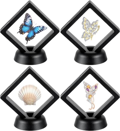 Set van 4 zwevende display cases met vierkante standaard van zwart plastic, transparant 3D zwevend frame voor het veiligstellen van herinneringen, sieraden, munten en antiek