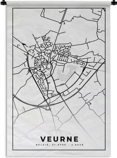 Wandkleed - Wanddoek - België – Veurne – Stadskaart – Kaart – Zwart Wit – Plattegrond - 120x180 cm - Wandtapijt