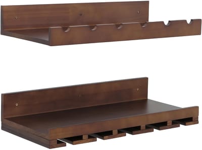 Set van 2 wijnrekken MCW-P22, glazen-/flessenhouder Wandbar voor 6 flessen/15 glazen Hout MVG-gecertificeerd 61x28cm ~ bruin