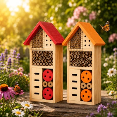 Benza – Insectenhotel Set van 2 – Rood & Oranje – 13 x 8,5 x 26 cm – Houten Bijenhotel en Vlinderhotel – Voor Tuin, Balkon en Terras