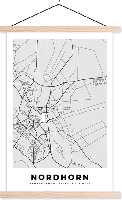 Posterhanger incl. Poster 40x60 cm - Schoolplaat - Duitsland - Nordhorn - Kaart - Stadskaart - Plattegrond - Textielposter - Blanke latten - Stadskaart