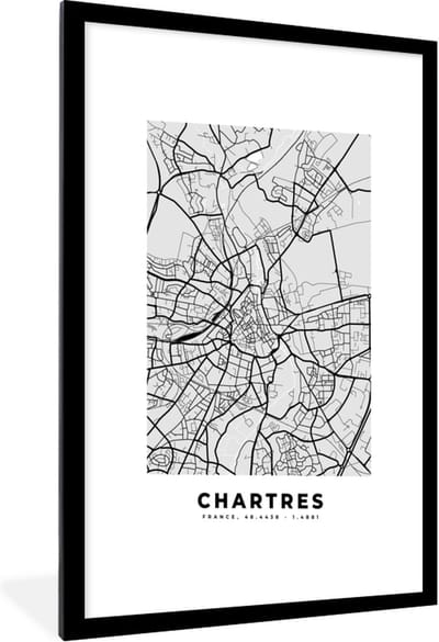 Fotolijst incl. Poster - Chartres – Plattegrond – Frankrijk – Kaart – Stadskaart - 60x90 cm - Posterlijst