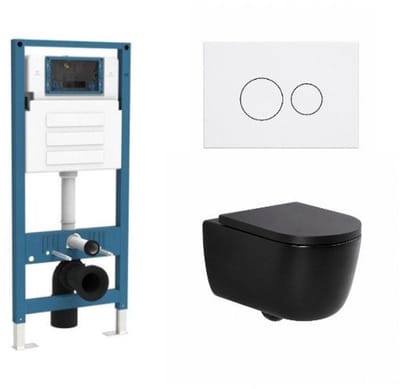 QeramiQ Dely Swirl Toiletset - inbouwreservoir Qeramiq Flush - 35mm zitting - kunststof glans witte bedieningsplaat - ronde knoppen - mat zwart